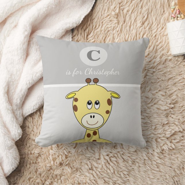 Grey yellow brown with a cute giraffe baby name cushion (Blanket)