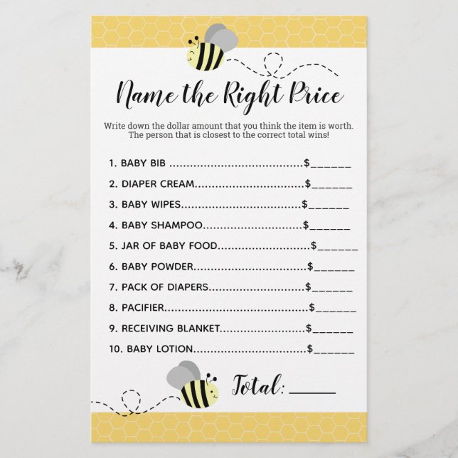 Grey Yellow Bumble Bee Name the Price Shower Game (Front)