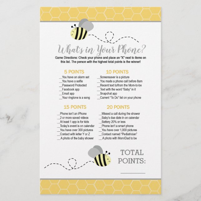 Grey Yellow Bumble Bee What's in Your Phone Game (Front)