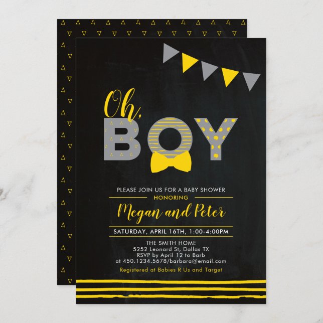 Grey & Yellow | Chalkboard "Oh Boy" Baby Shower Invitation (Front/Back)