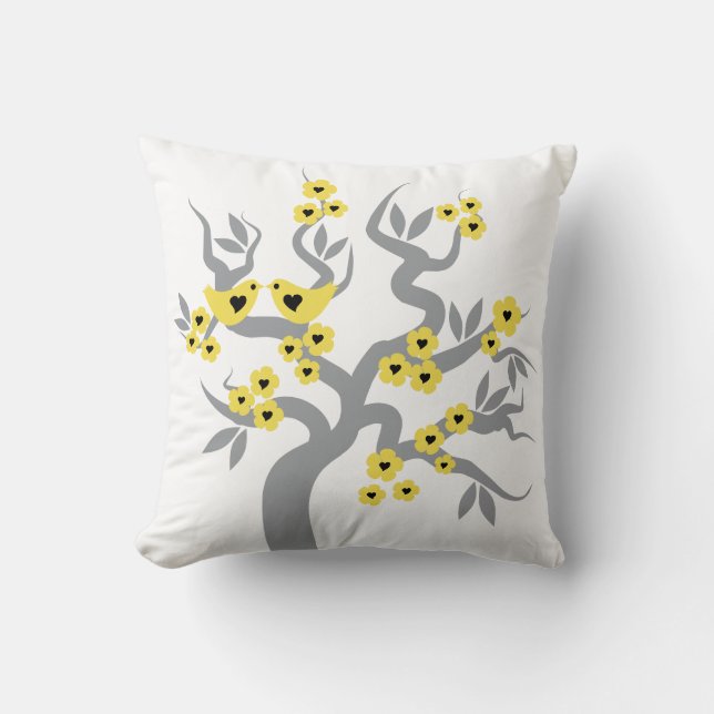 Grey, yellow cherry tree blossoms and love birds cushion (Front)