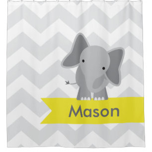 Grey Yellow Chevron Elephant Kids Personalised Shower Curtain