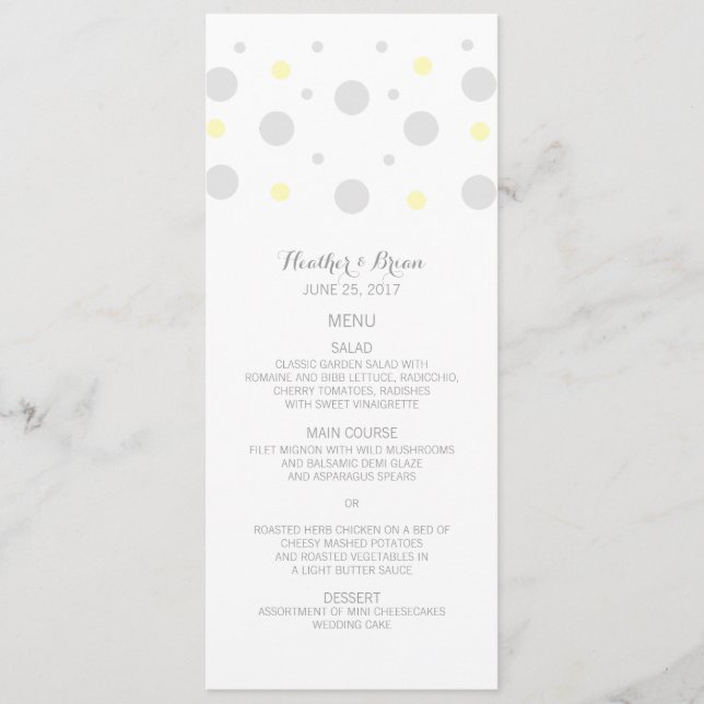 Grey Yellow Confetti Wedding Menu (Front)