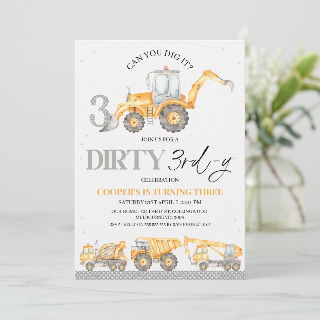 Grey Yellow Construction Dirty 3rd-y 3rd Birthday  Invitation (Standing Front)