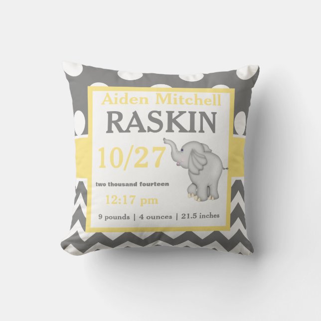 Grey Yellow Elephant Baby Announcement Pillow (Front)