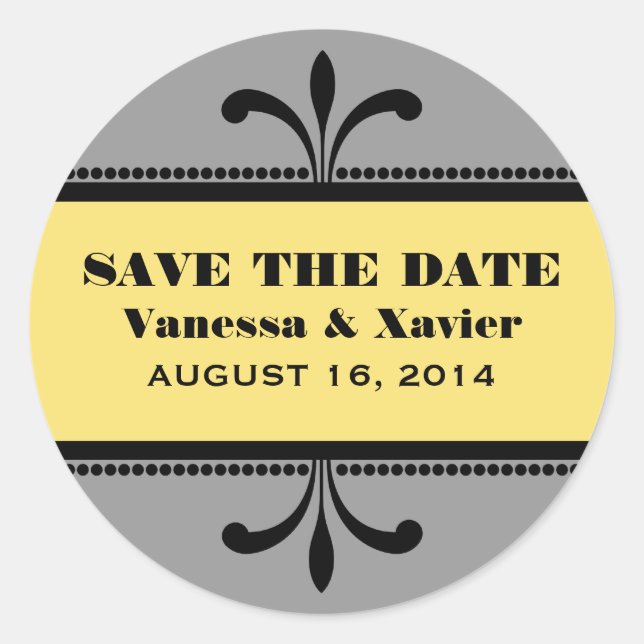 Grey/Yellow Fancy Art Deco Save the Date Stickers (Front)