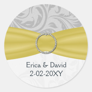 Grey Yellow  FAUX ribbon diamante buckle Wedding Classic Round Sticker
