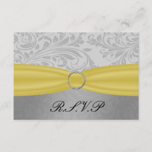 Grey Yellow  FAUX ribbon diamante buckle Wedding RSVP Card