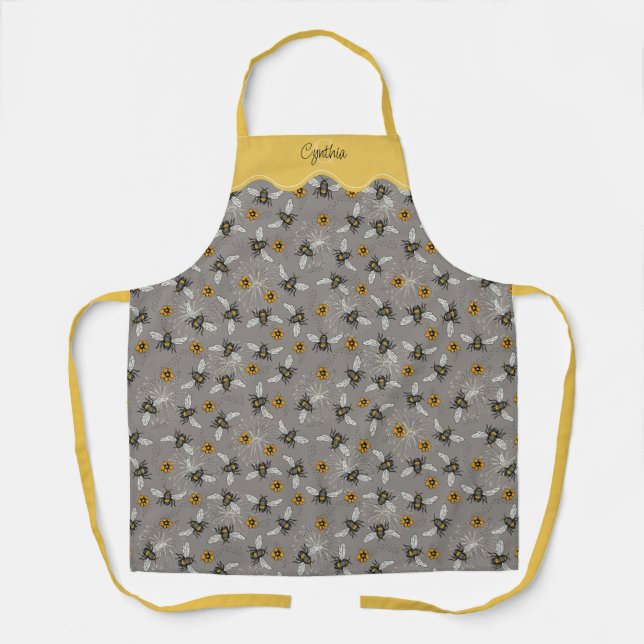 Grey & Yellow Fun Honeybee Pattern Gardening Apron (Front)