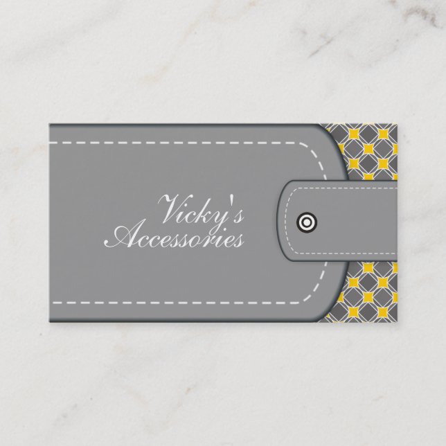 Grey, yellow leather look and pattern retro business card (Front)