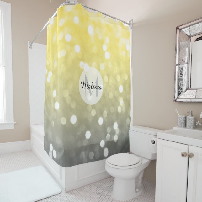 Grey yellow light sparkly bokeh abstract Monogram Shower Curtain (In Situ)