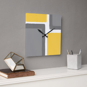 Grey Yellow Minimalist Colour Block Square Wall Clock