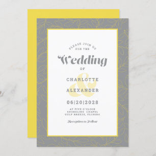 Grey & Yellow   Modern Abstract Leaves Pattern Invitation