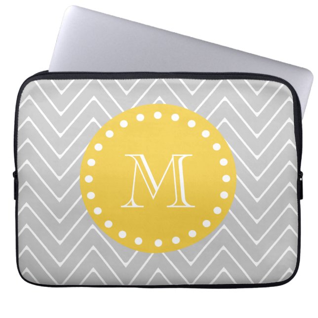Grey & Yellow Modern Chevron Custom Monogram Laptop Sleeve (Front)