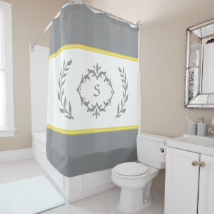 Grey Yellow Modern Monogrammed Initial Chic Wreath Shower Curtain