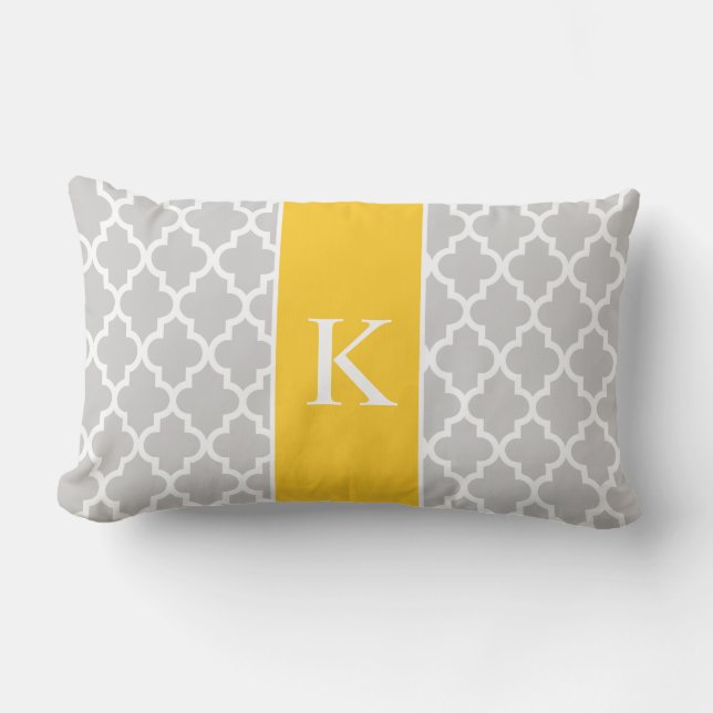 Grey Yellow Moroccan Custom Monogram Lumbar Cushion (Front)