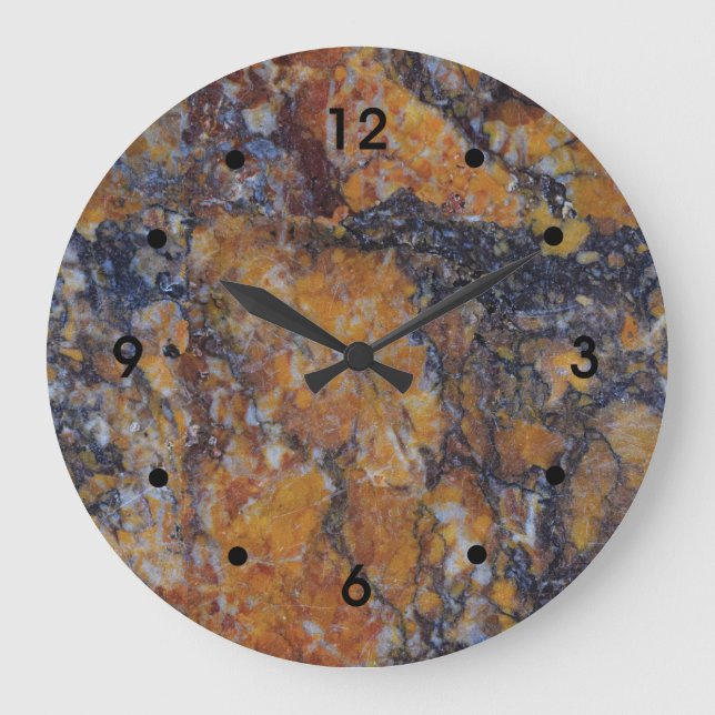 Grey Yellow Ochre Rust Marble Image Black Numbers Large Clock (Front)