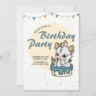 Grey Yellow Pastel Baby Dragon Birthday Invitation
