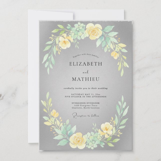 Grey Yellow Peony Wedding Invitation (Front)