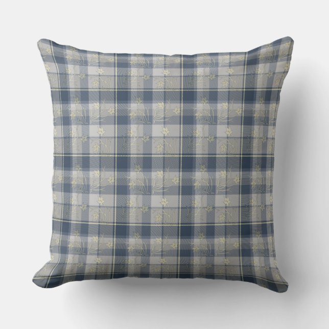 Grey & Yellow Plaid & Flowers Throw Pillow 20"x20" (Front)