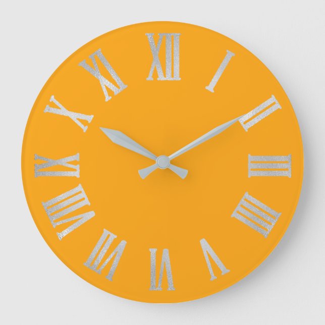 Grey Yellow Silver Metallic Grey Roman Numbers Large Clock (Front)