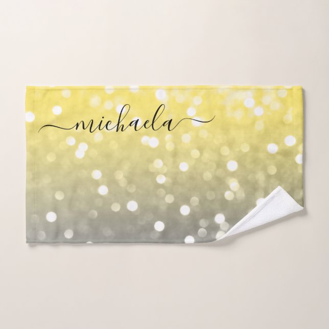 Grey yellow sparkly bokeh Custom name Hand Towel (Hand Towel)