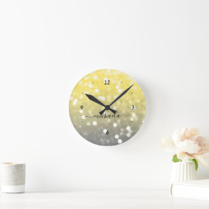 Grey yellow sparkly bokeh Custom name Round Clock