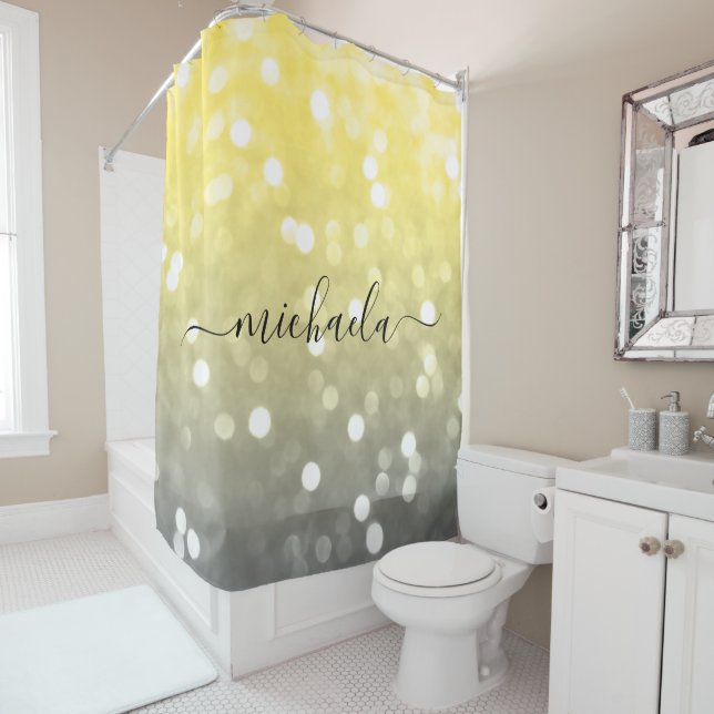 Grey yellow sparkly bokeh Custom name Shower Curtain (In Situ)