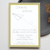 Grey Yellow Striped Paper Aeroplane Birthday Invit