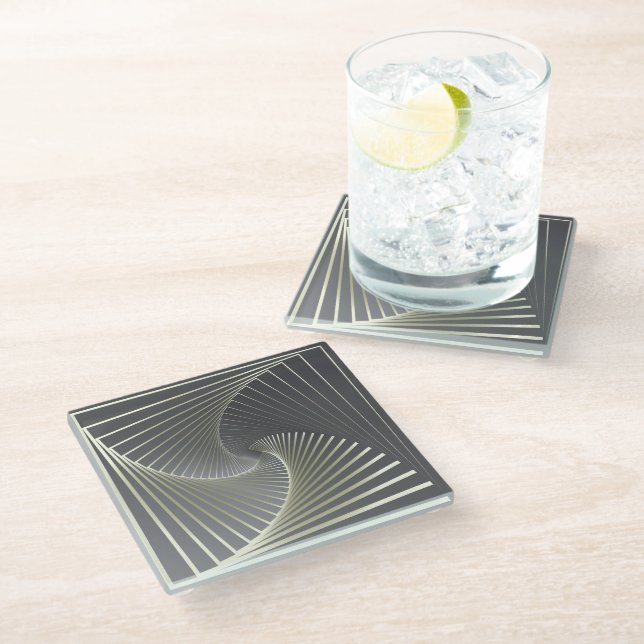 grey yellow twirl glass coaster (Angled)