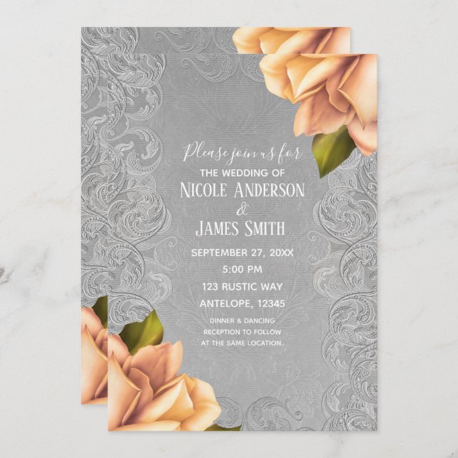 Grey Yellow Vintage Antique Rose Elegant Wedding Invitation (Front/Back)