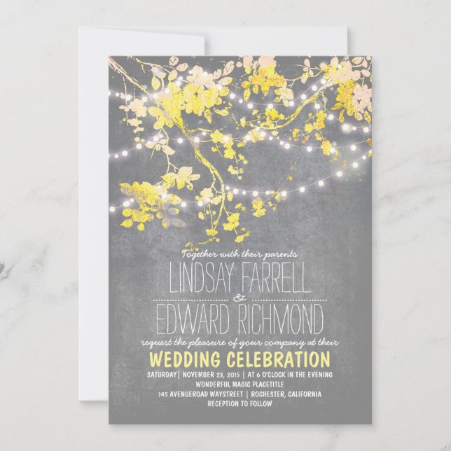 Grey yellow wedding invitation with string lights (Front)