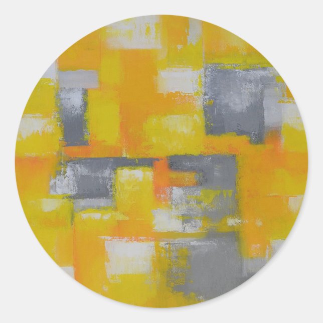 grey yellow white abstract art painting classic round sticker (Front)