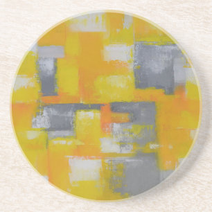 grey yellow white abstract art painting coaster