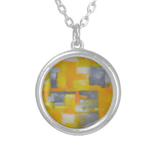 grey yellow white abstract art painting silver plated necklace