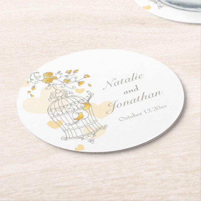 Grey, yellow & white bird cage wedding coasters (Angled)