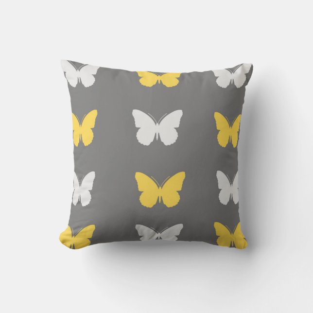 Grey,Yellow, & White Butterfly Throw Pillow (Front)