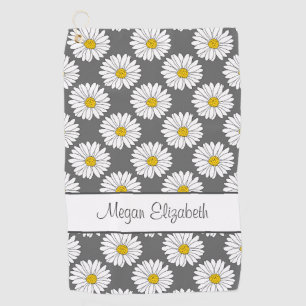 Grey Yellow White Daisy Pattern Golf Towel