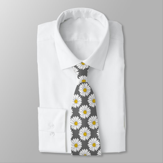 Grey Yellow White Daisy Pattern Tie (Tied)