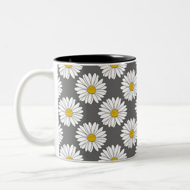 Grey Yellow White Daisy Pattern Two-Tone Coffee Mug (Left)