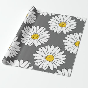 Grey Yellow White Daisy Pattern Wrapping Paper