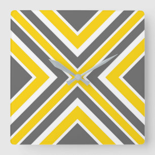 Grey Yellow White Geometric Square Wall Clock