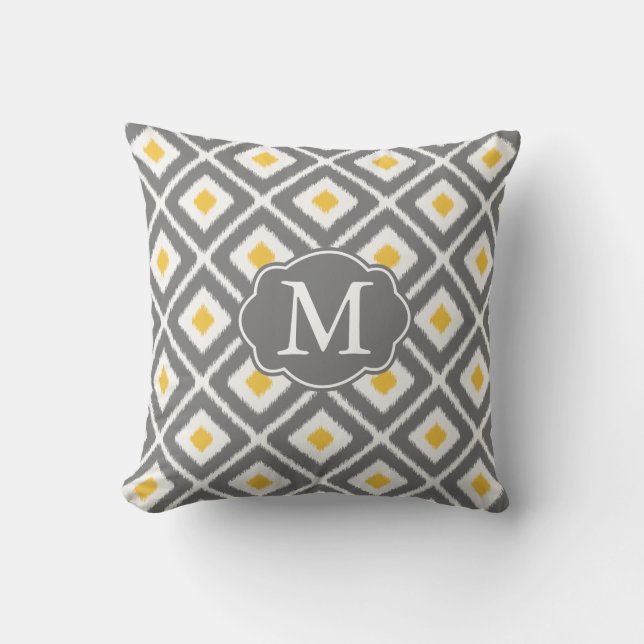 Grey, Yellow, White Ikat Diamond Pattern Cushion (Front)
