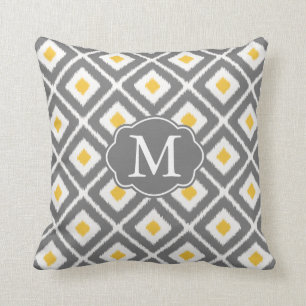 Grey, Yellow, White Ikat Diamond Pattern Cushion