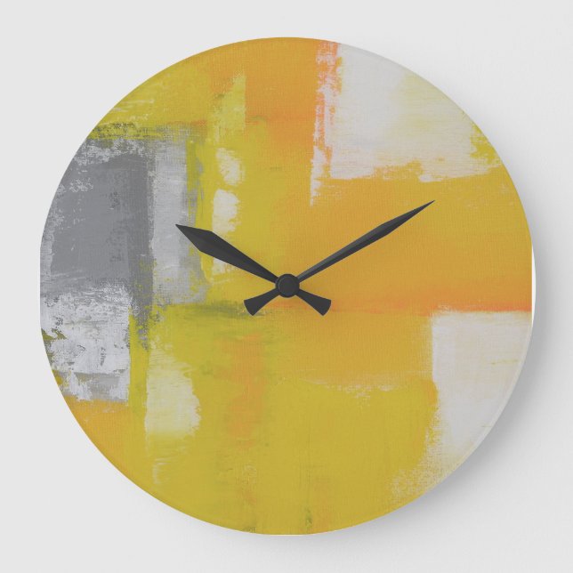 grey yellow white modern abstract painting large clock (Front)