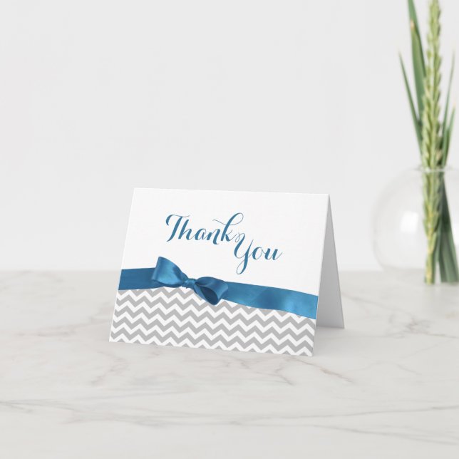 Grey Zigzag and Blue Bow Thank You Card (Front)