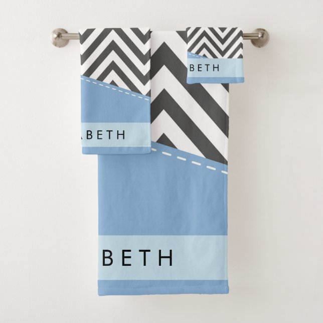 Grey Zigzag, Grey Chevron, Blue, Your Name Bath Towel Set (Insitu)