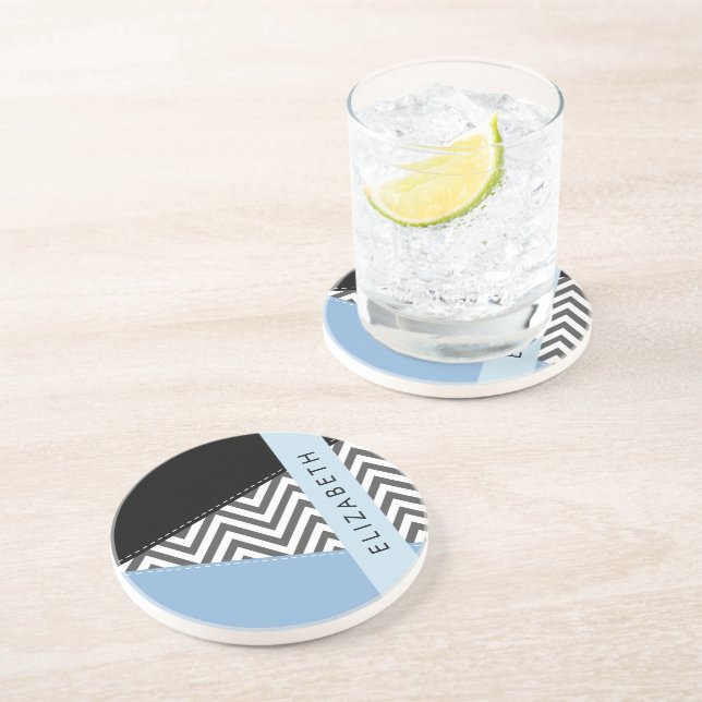 Grey Zigzag, Grey Chevron, Blue, Your Name Coaster (Side)
