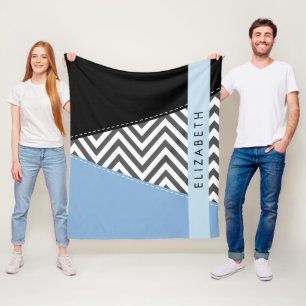 Grey Zigzag, Grey Chevron, Blue, Your Name Fleece Blanket