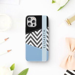 Grey Zigzag, Grey Chevron, Blue, Your Name iPhone 16 Case